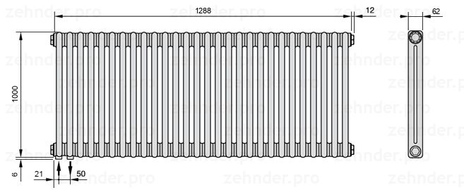 Схема (чертеж) Радиатор Zehnder Charleston 2100/28 №3370 Белый глянцевый RAL 9016